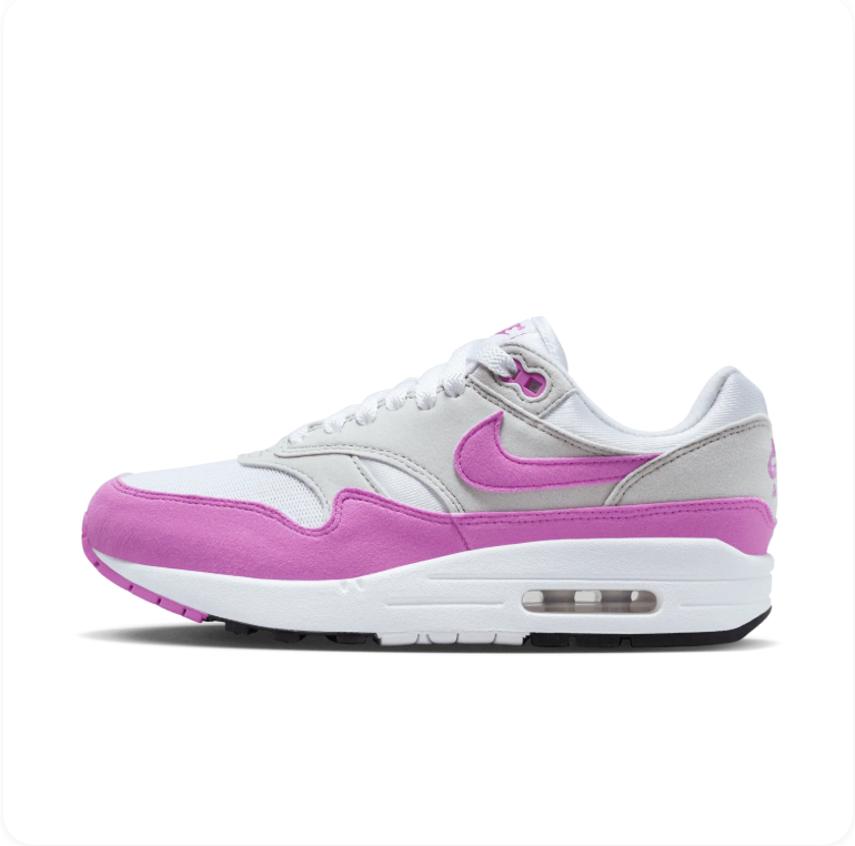 Nike Air Max 1 – White / Fuchsia Dream / Neutral Grey